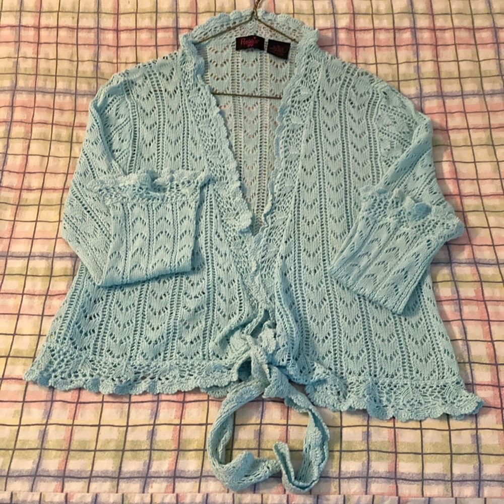 REGGIE cardigan sweater sz. XL aqua/light blue w/long sleeves ruffled. $19